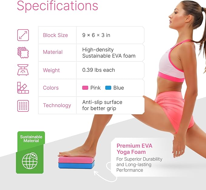Yoga Blocks 2 Pack Set with Dance Stretch Band & Guide: Non-Slip EVA Foam Block - Ideal Stretching Equipment for Home Workouts, Pilates, Dance, Ballet, Gymnastics, Exercise - Stretch Strap Stuff Props