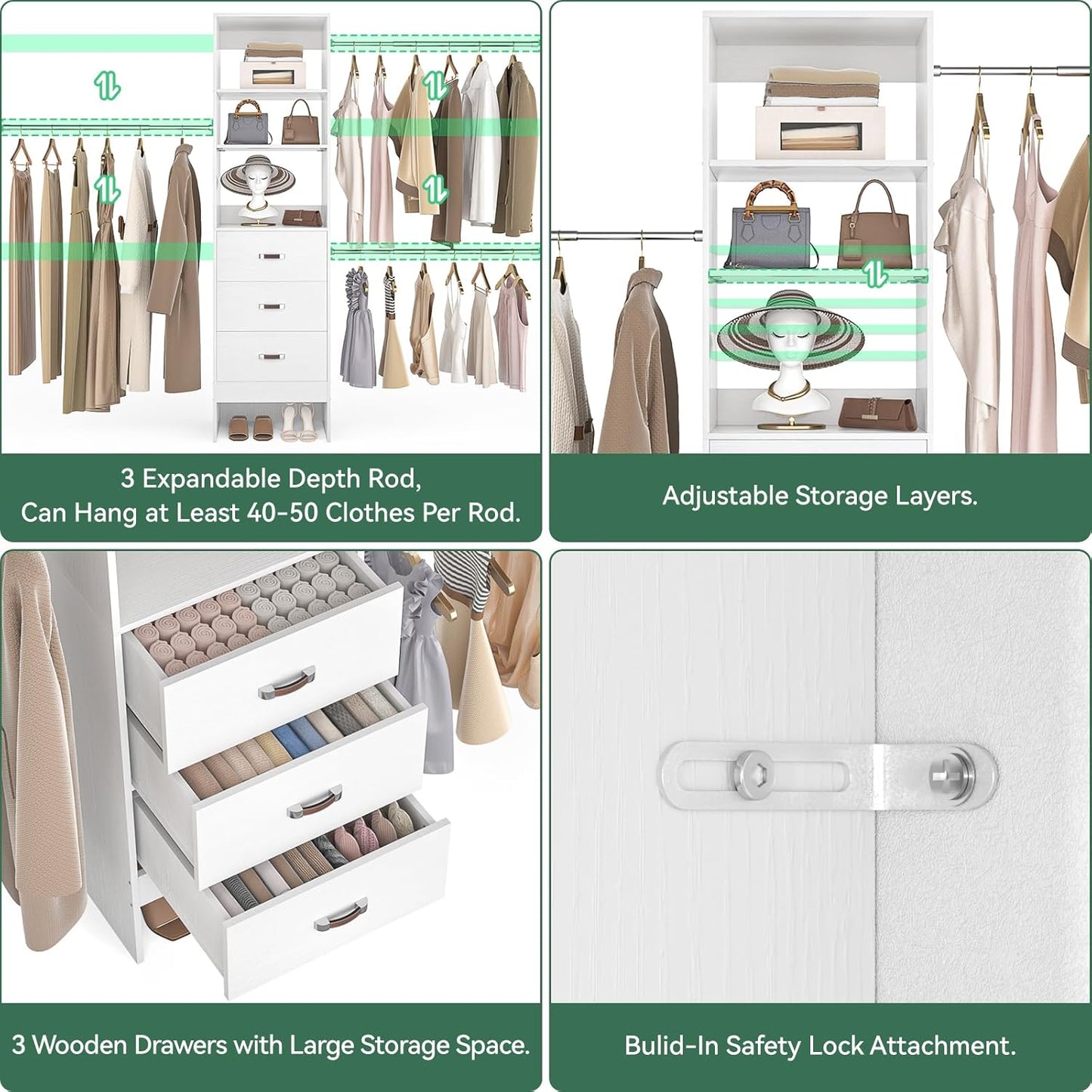 96'' Closet Organizer System with 3 Hanging Rods (Without 3 Storage Shelves), 8FT Closet Systems, Wall Mount Bedroom Wardrobe with 3 Wood Drawers, Adjustable Garment Rack from 5 to 8FT, White