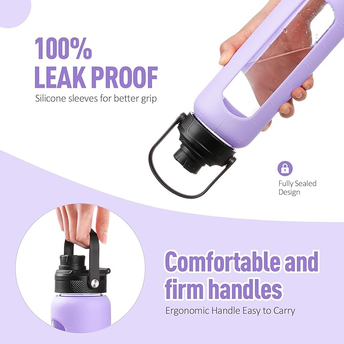 Kodrine Water Bottle with Straw, 24 oz Glass water Bottle with 2 Lids Bamboo Straw Lid and Spout Lid with Handle, 32 oz Clear Water Bottle Glass for Sports Travel, Waterbottle with Time Marker