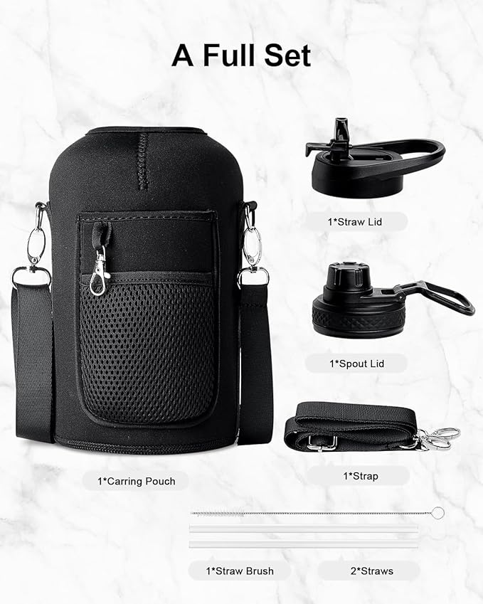 Trebo Half Gallon Water Bottle Insulated with Handle, 64 oz Double Wall Stainless Steel Metal Large Jug, Travel Flask with Straw Spout Lid, Mug Tumbler Cup with Carry Pouch, Keep Cold Hot, Blue