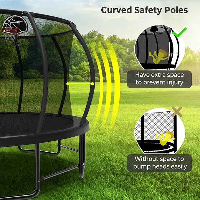 10 12 14 15 16FT Outdoor Trampolines for Kids and Adults, Pumpkin Trampoline with Curved Poles, Recreational Trampoline with Basketball Hoop and Safety Enclosure Net for Kids and Adults