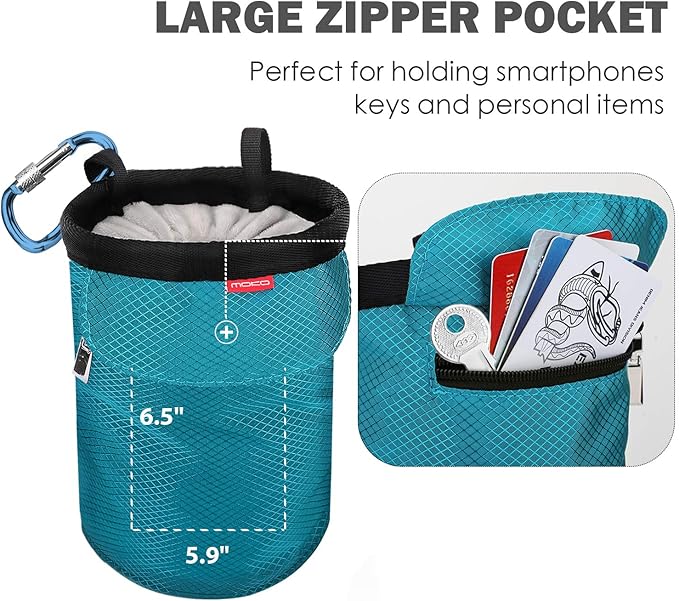 MoKo Rock Climbing Chalk Bag, Bouldering Chalk Pot Bucket with Adjustable Belt & Carabiner Drawstring Climbing Gear