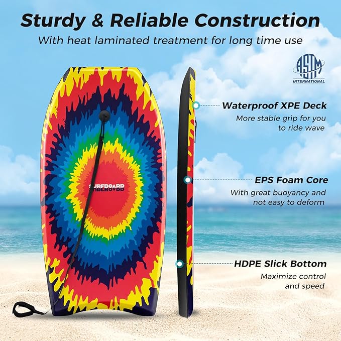 KOTEK 33/37/41 Inch Body Board with Wrist Leash, EPS Core, Dual Channel, HDPE Slick Bottom, Bodyboard for All Skill Levels & Wave Conditions