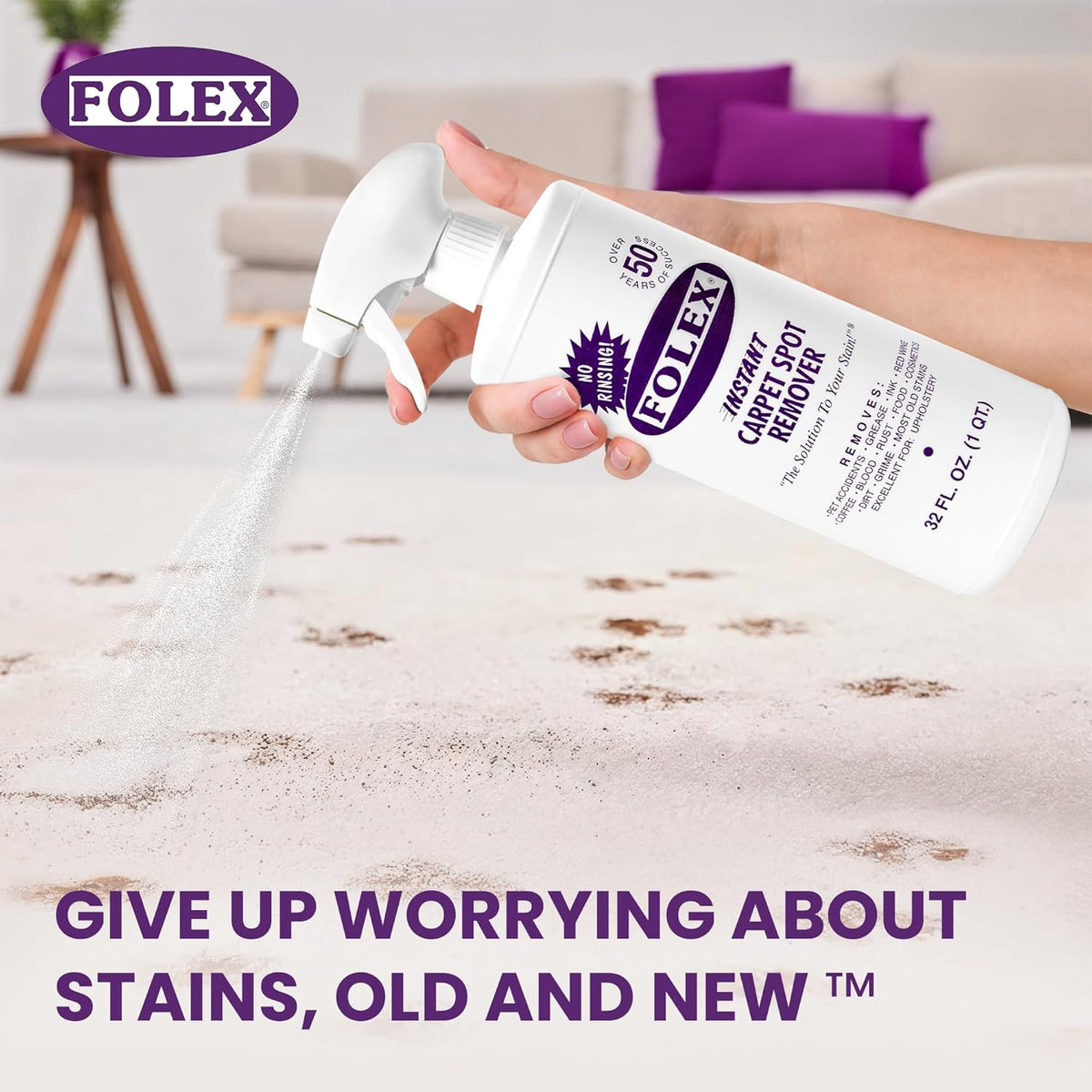 FOLEX Instant Carpet Spot Remover 128 oz - Powerful Stain Remover for Carpets, Upholstery & Rugs - Eliminates Pet Stains, Grease, Red Wine, Food, Makeup & More - With Reusable Cleaning Cloth - 1 Pack