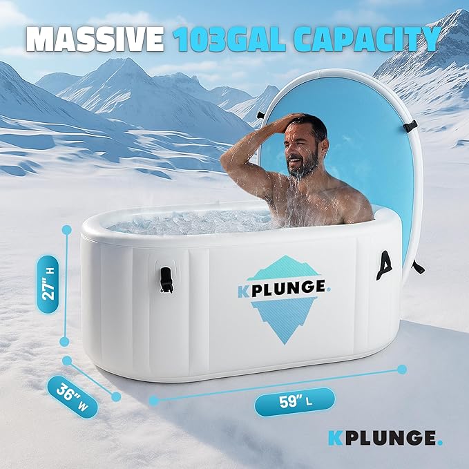 Kodiak 59" 1-Person Inflatable Cold Plunge Ice Bath Tub or Hot Tub with PVC Insulated Lid, Hand Pump, Repair Kit, 110-Gallon Capacity β Chiller Compatible Indoor/Outdoor Tub β Gray