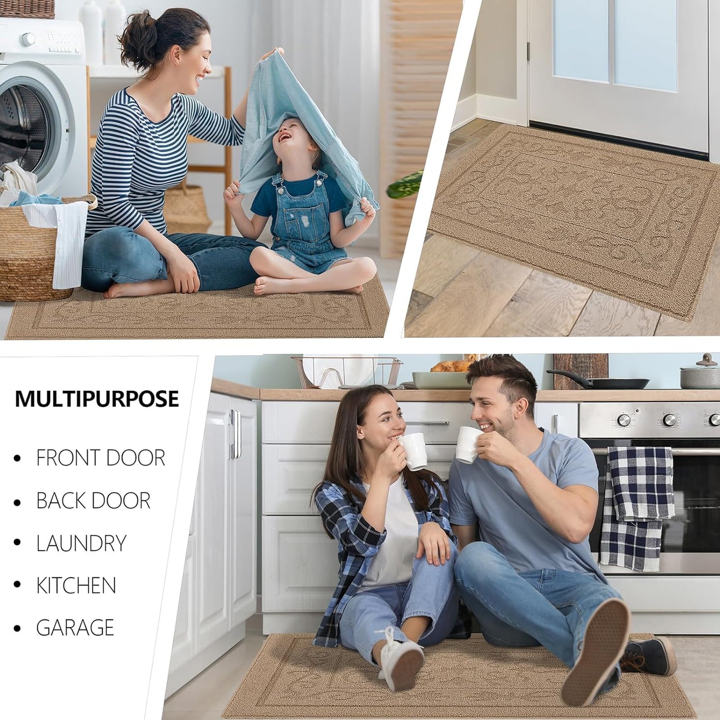 FONEYI Indoor Door Mat 20" x 32", Dirt Trapper Door Mats Non-Slip Entryway Rugs Washable, Absorbent Resist Dirt Welcome Mat, Low Profile Inside Floor Mats for Front Back Door and Entryway, Beige
