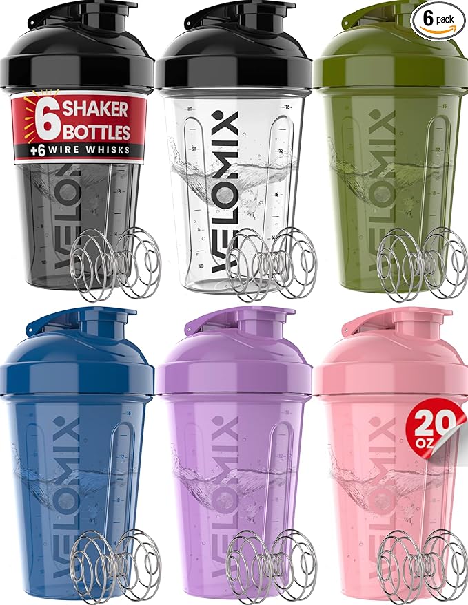 '-6 PACK- Shaker Cups for Protein Shakes 20 oz - 6x Wire Whisk | Leak Proof Protein Shaker Bottle for Protein Shakes, Shaker Bottle Pack for Pre & Post Workout, Shaker Cup (Muted Contrast)