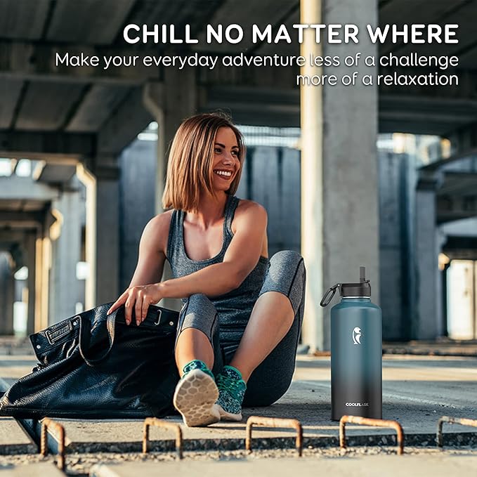 Coolflask Water Bottle 87 oz with Straw, 2/3 Gallon Insulated Stainless Steel Large 3 Lids Big Water Jug for Sports or Office, Non-BPA Keep Cold Up to 48 Hrs or Hot Up to 24 Hrs, Samurai Cyan