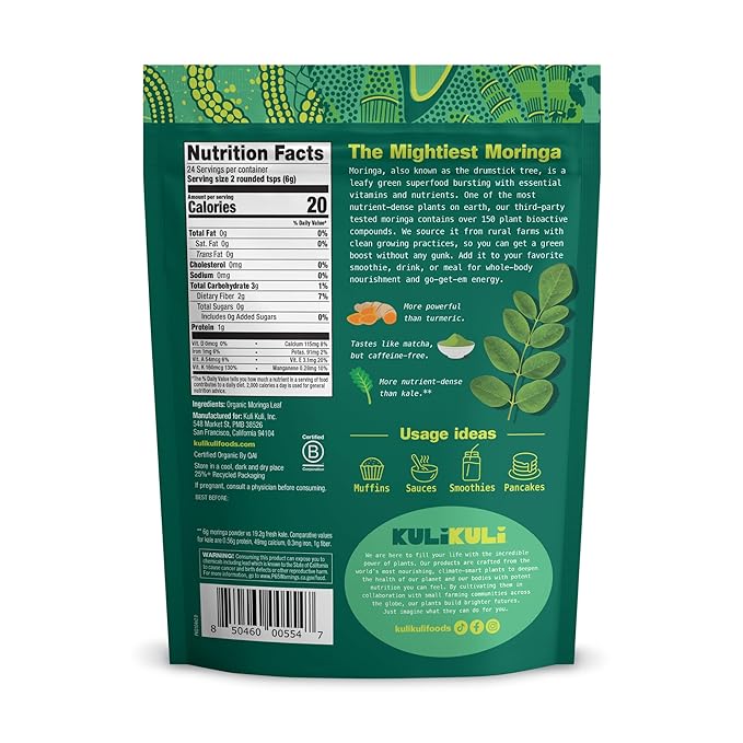 Kuli Kuli Moringa Oleifera Organic Leaf Powder & Green Smoothie, 100% Pure USDA Certified & Non-GMO Moringa Powder, Great with Smoothies, Tea, and Food - Single Pack, 5 oz.