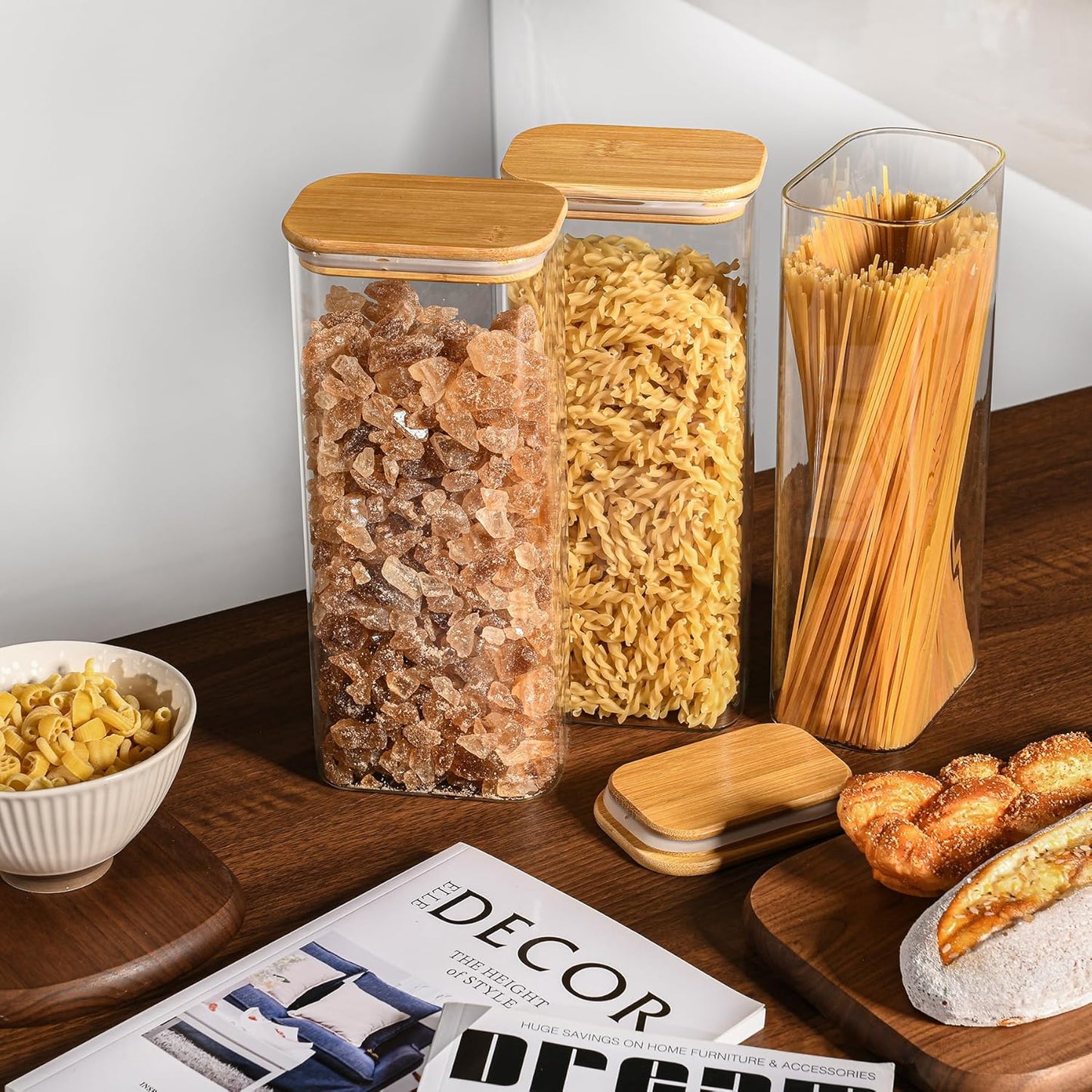 71oz Rectangle Airtight Glass Storage Containers with Bamboo Lids (Set of 3), Square Food Storage Jar, Pantry Organizers for Sugar, Flour, Spaghetti and Coffee beans (with Black Lable)