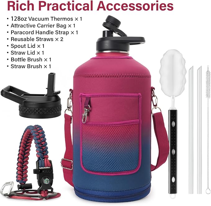 1 Gallon Water Bottle Insulated | Thickened Stainless Steel Vacuum Metal Water Jug | Portable Sports Large for Gym and Hiking with Straw, Carrier Bag, Handle Strap | BPA-Free 128 oz