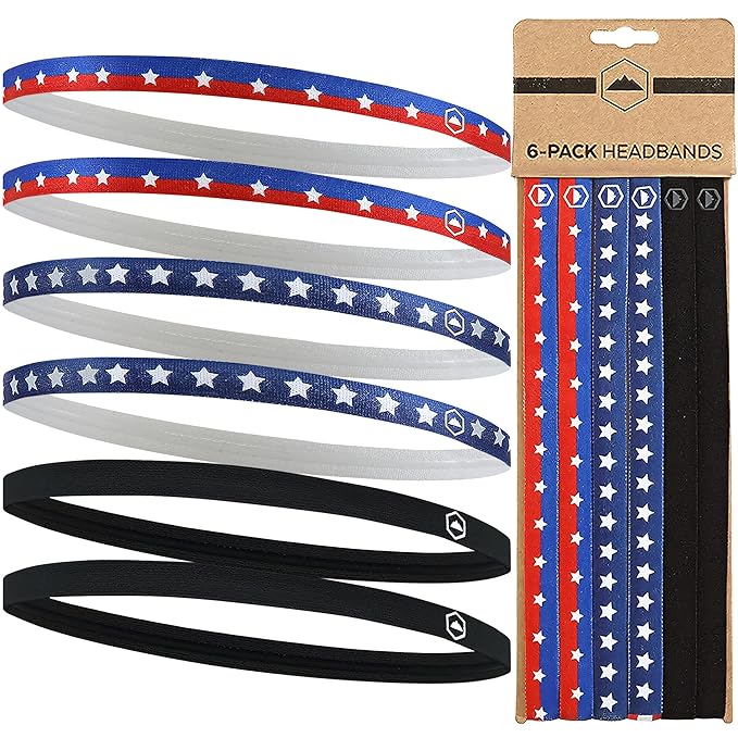 Tough Headwear Thin Elastic Headbands, Sports Headbands for Women & Men - Mens Workout Headband - Running or Soccer Headband - 6-Pack