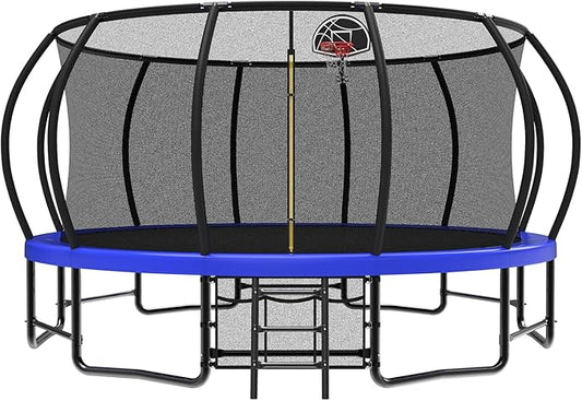 10 12 14 15 16FT Outdoor Trampolines for Kids and Adults, Pumpkin Trampoline with Curved Poles, Recreational Trampoline with Basketball Hoop and Safety Enclosure Net for Kids and Adults