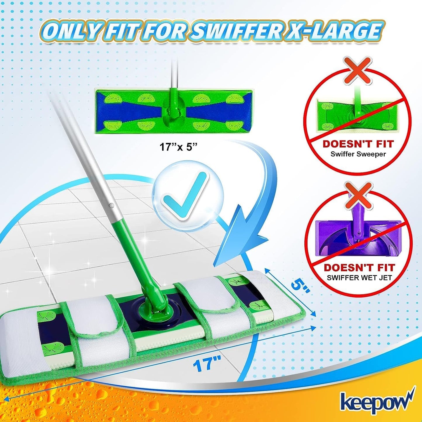 KEEPOW XL Mop Pads Compatible with Swiffer Sweeper XL, 6 Pack Wet Pads Refills Dry Sweeping Cloths, Reusable Pads for X-Large