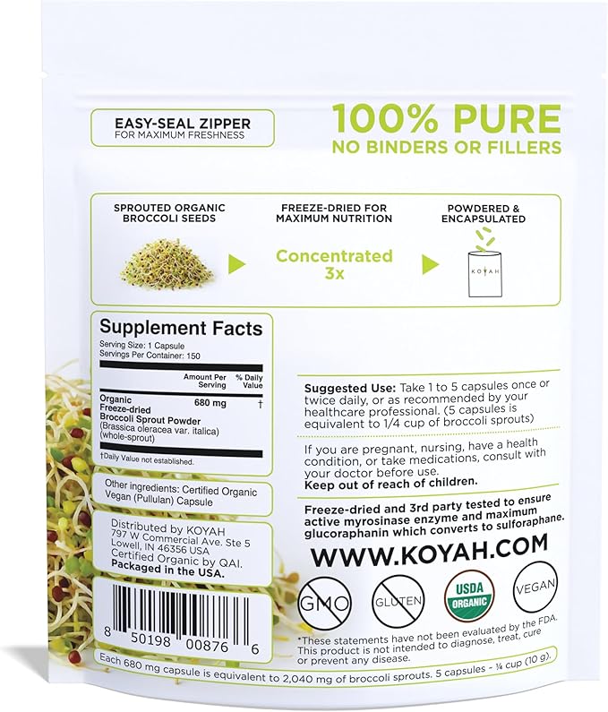 KOYAH Organic Broccoli Sprout Capsules – Freeze-Dried Whole Broccoli Sprouts – 3rd Party Tested for Active Myrosinase & Glucoraphanin (Sulforaphane Glucosinolate) - 150 Capsules