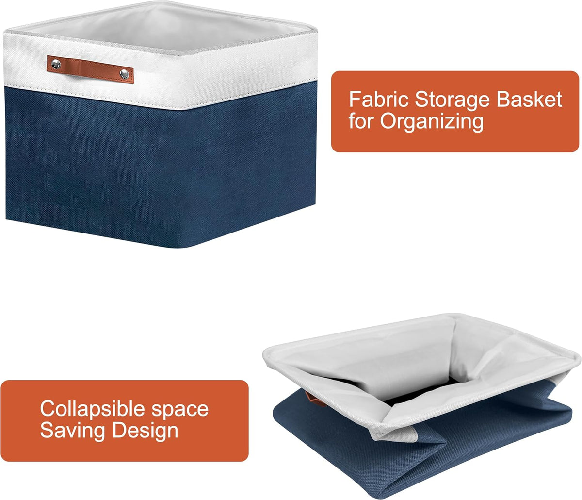 13in Open Fabric Storage Basket with Leather Handles for Organizing, Collapsible Linen Closet Bins for Shelves, Closets, Laundry, Decorative Basket for Gifts. (White&Blue, 2PCS/13x13in)