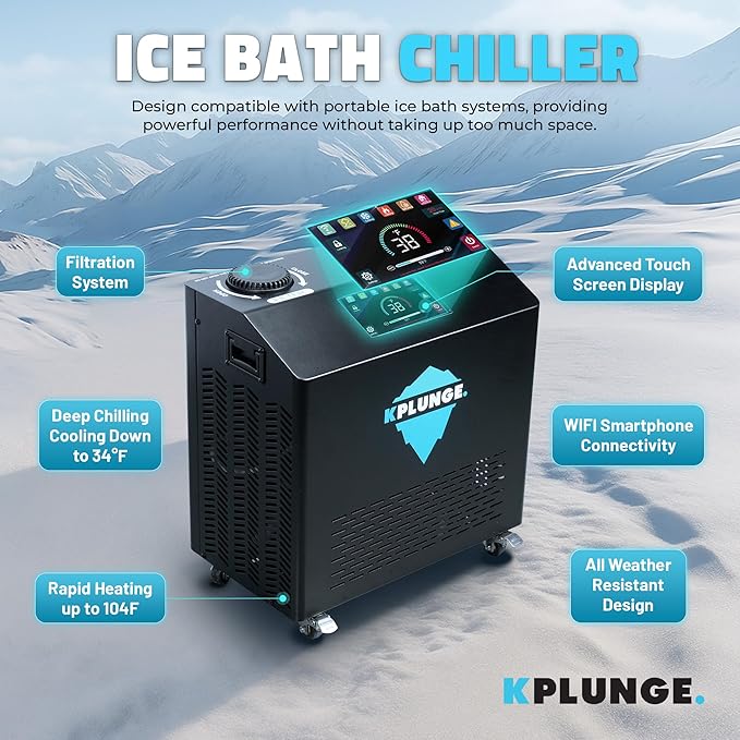 Kodiak 59" 1-Person Inflatable Cold Plunge Ice Bath or Hot Tub with 1 HP Chiller and Heater, PVC Insulated Lid, Hand Pump, Repair Kit, 110-Gallon Capacity, Indoor/Outdoor Tub β Gray