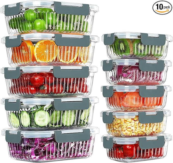 10 Packs Glass Meal Prep Containers with Lids, Glass Food Storage Containers Set, Airtight Lunch Containers, Microwave, Oven, Freezer and Dishwasher Safe, Gray