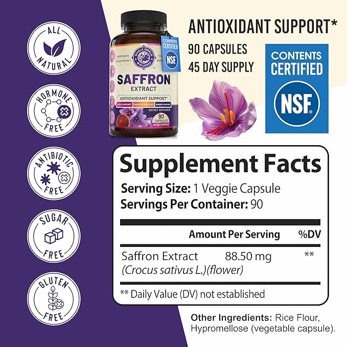 100% Pure Saffron Extract - Supports Weight and Appetite Health, Mood, Focus, Memory, Digestion, Eye, Skin and Brain Health. NSF Certified Saffron Supplements for Women and Men, 45-Day Supply.