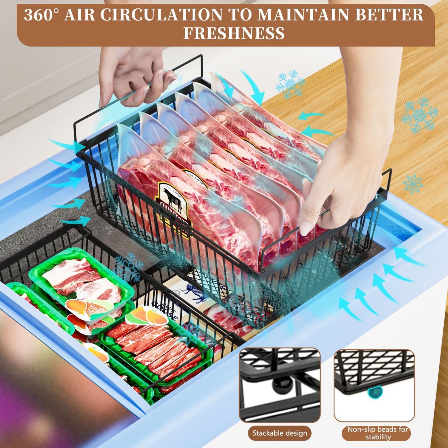 Large Freezer Organizer Bins,Upgraded Bottom Leak-Proof net,Fit 10 to 20 Cu Ft Chest Freezer,3 Pack, Expandable Stackable Chest Freezer Containers with Handle(Black-3Pack)