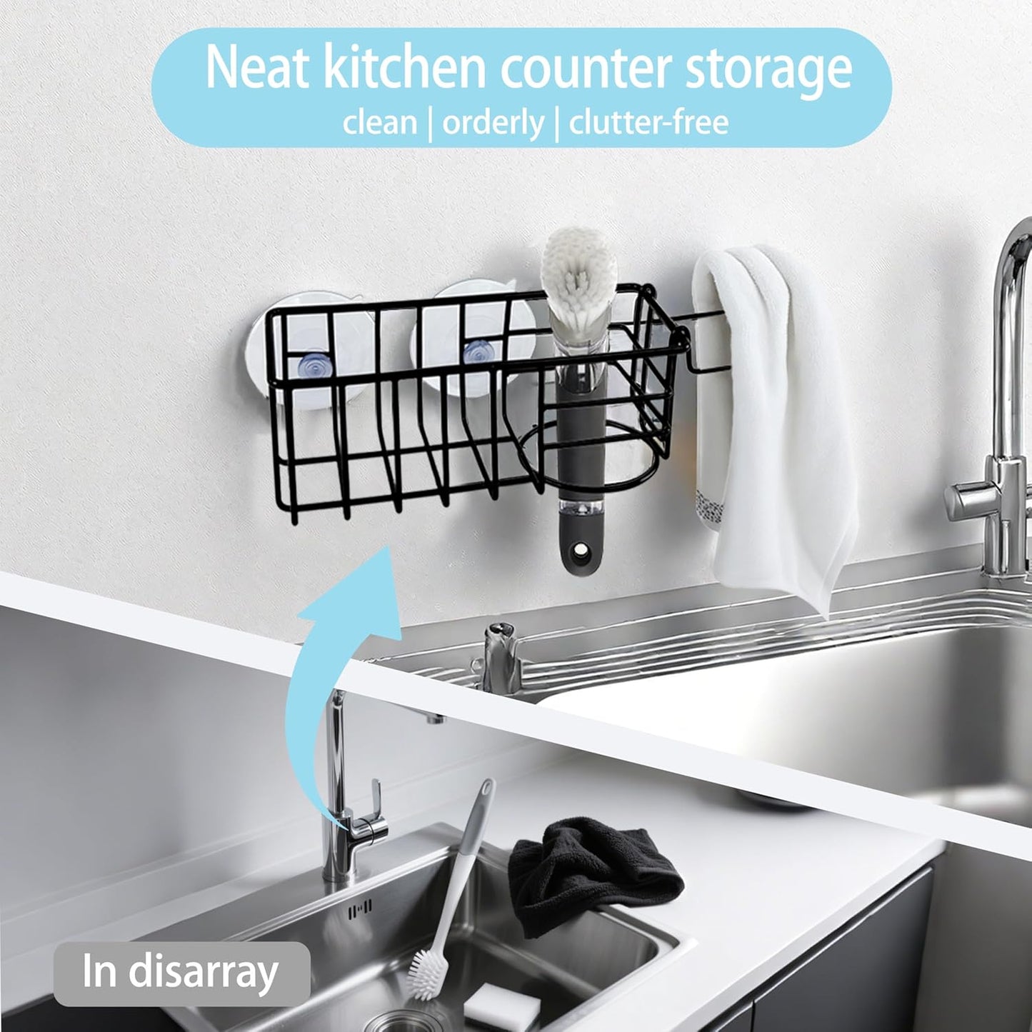 Sponge Holder with Dish Cloth Hanger for Kitchen Sink, In-sink Caddy Organizer with Suction Cups & Adhesive Strips, Rustproof Sponge Rack for Soap, Brush, Scrubber - Black