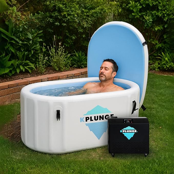 Kodiak 59" 1-Person Inflatable Cold Plunge Ice Bath or Hot Tub with 1 HP Chiller and Heater, PVC Insulated Lid, Hand Pump, Repair Kit, 110-Gallon Capacity, Indoor/Outdoor Tub β Gray