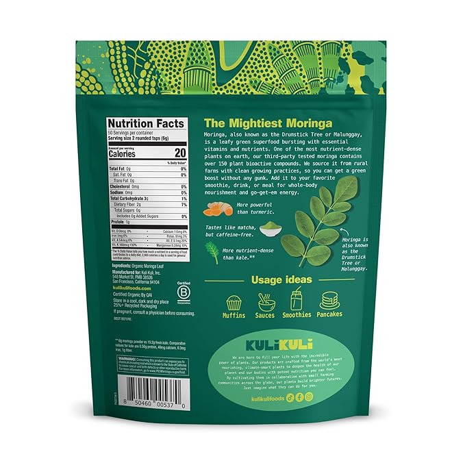 Kuli Kuli Moringa Oleifera Organic Leaf Powder & Green Smoothie, 100% Pure USDA Certified & Non-GMO Moringa Powder, Great with Smoothies, Tea, and Food - Single Pack, 10.6 oz
