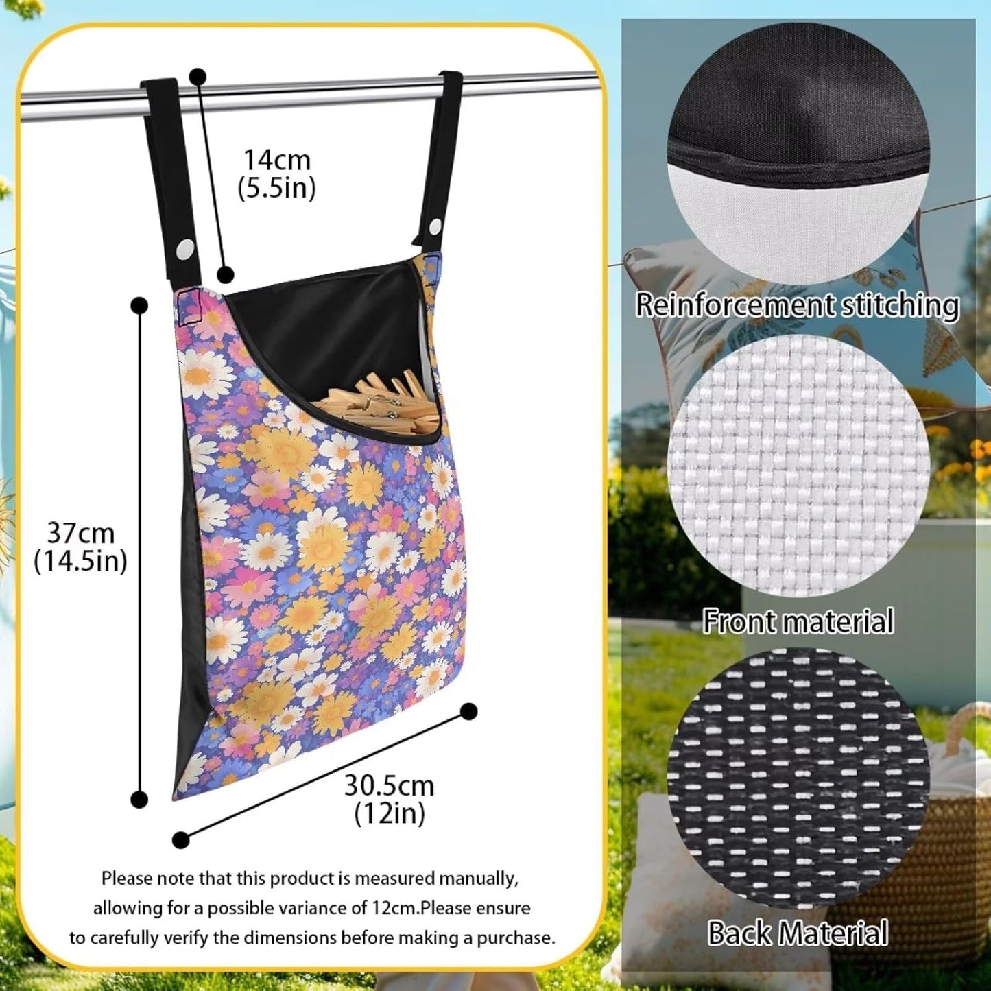 Clothespin Bag with Hanging Rope for Home Outdoor,Laundry Hanging Bag Fits Clothes Lines for Hanging Clothes Outside Balcony Bathroom Corridor Yard - Daisy Floral