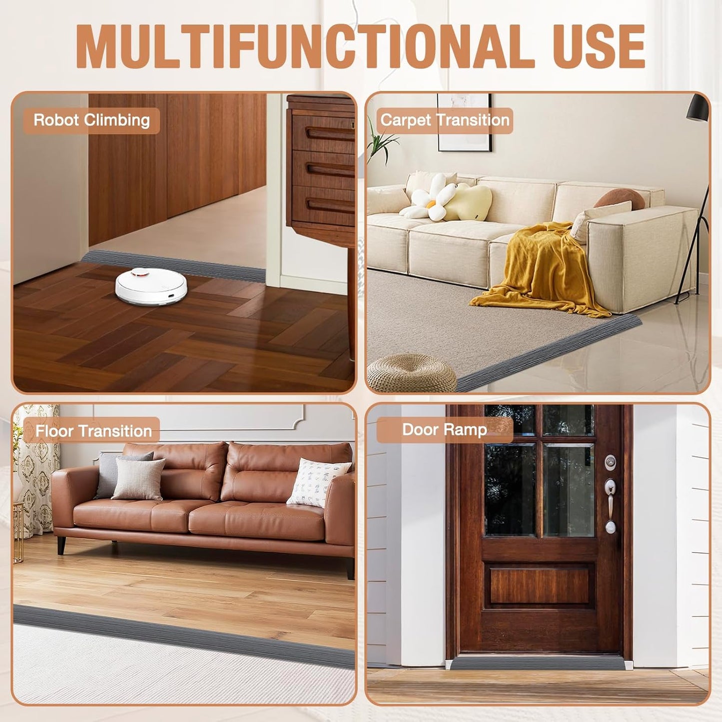 Floor Transition Strip Self Adhesive Vinyl Door Threshold for Doorways Carpet Edging Trim Overlap Edge Reducer for Laminate Floor, Carpet, Tile (Deep Gray Wood Grain, 2/5" to 3/5", 10Ft)