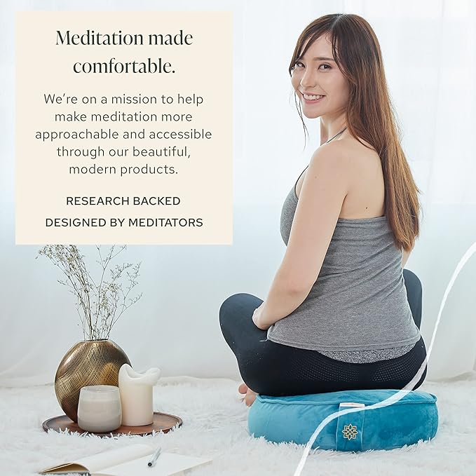Mindful & Modern Velvet Meditation Cushion | Luxe Zafu Yoga Floor Pillow Seat | Posture Support | Buckwheat Hull Filled | Large Round Cushion with Removable Washable Cover + Carry Handle | Color Teal