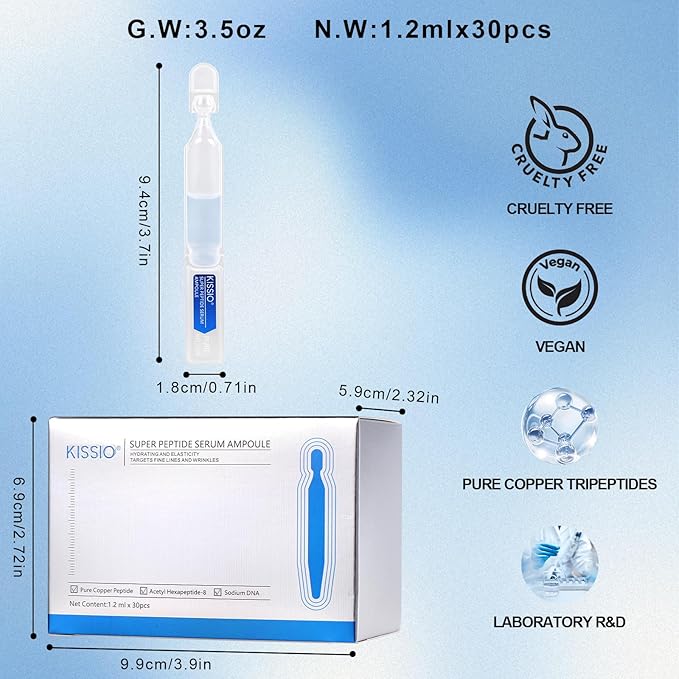 KISSIO Super Peptid Serum Ampoule,Face Serum with Copper Tripeptides,Collagen and Peptides,Hydration and Elasticity,Rejuvenating Facial Serum for Fine Lines and Wrinkles,Makeup Base,30 Ampoule