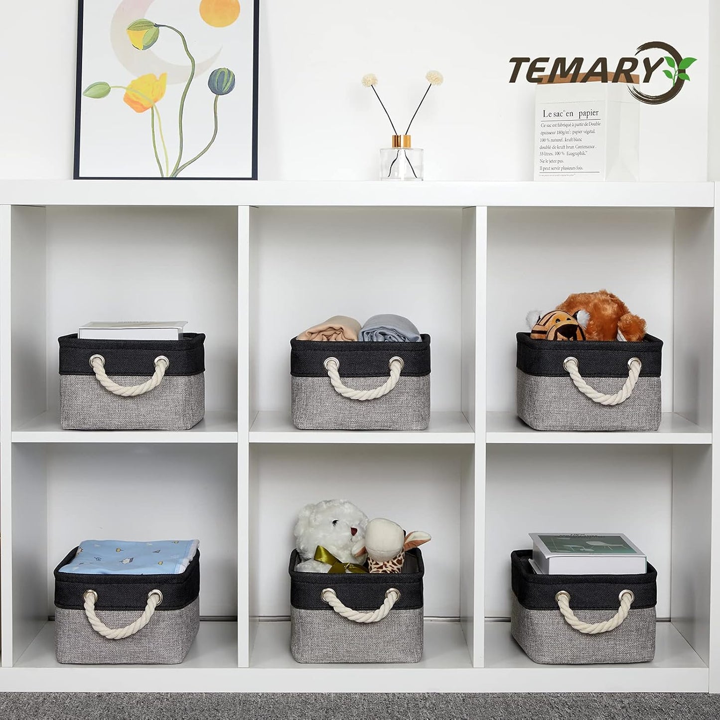 Temary Fabric Storage Baskets 6 Pcs Small Cloth Basket for Shelves Collapsible Decorative Storage Organizer Small Canvas Storage Bins with Handles (Black,11.8L x 7.9W x 5.3H inches)