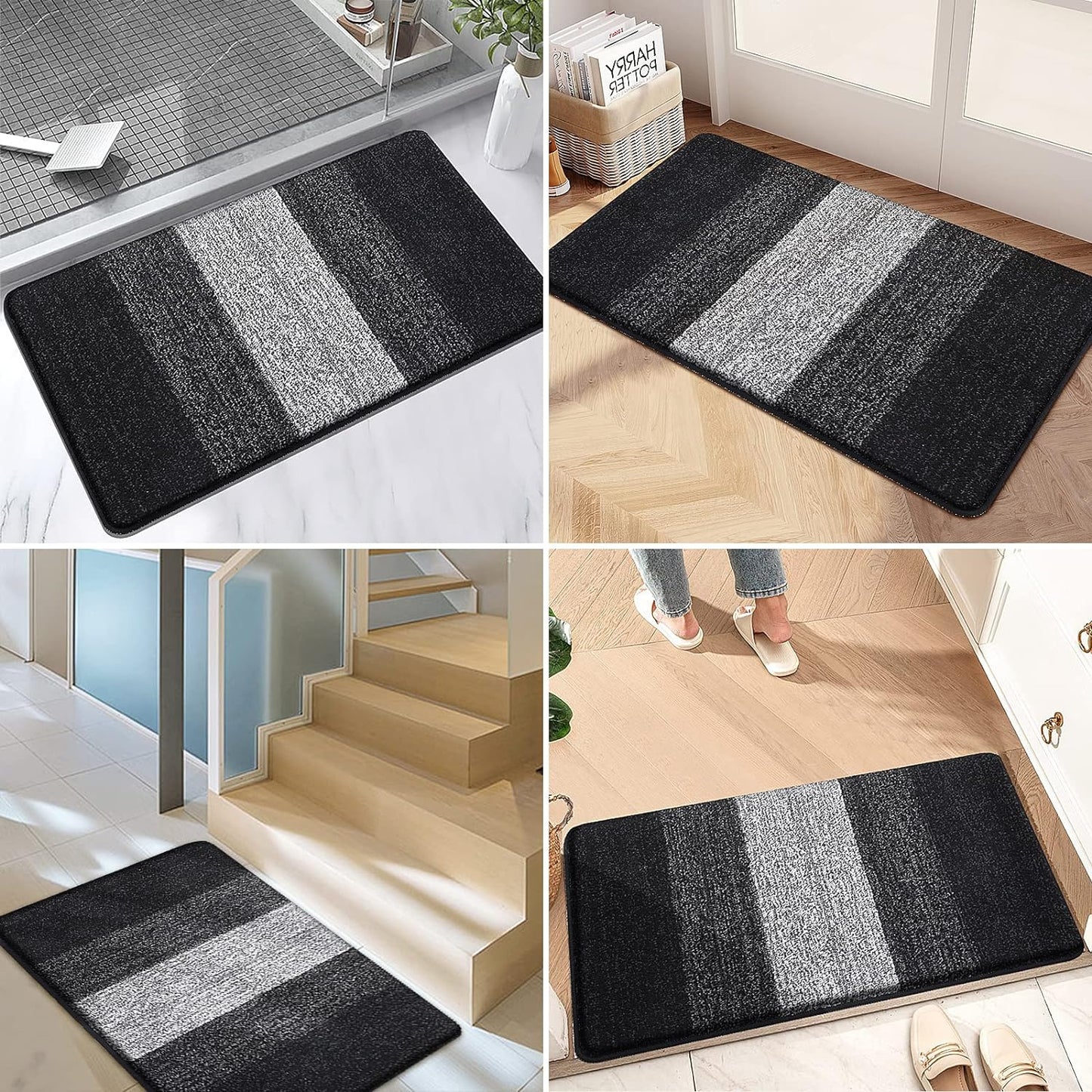 Kitinjoy Indoor Outdoor Door Mat, 47x24 Non-Slip Absorbent Dirt Trapper, Low-Profile Washable Inside Entrance Front Floor Mat, Sturdy Soft Entry Doormats for Entryway, Black