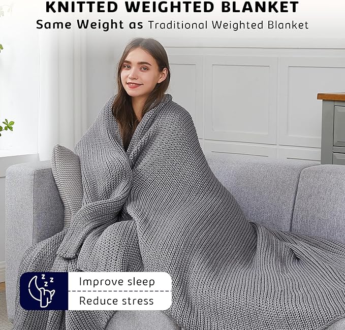 L'AGRATY Knitted Weighted Blanket - 48"x72" 20lbs Cooling Chunky Knit Heavy Blanket for Adults Braided Crochet Throw Thick Cable Yarn Knit Decorative No Beads Evenly Weighted Machine Washable