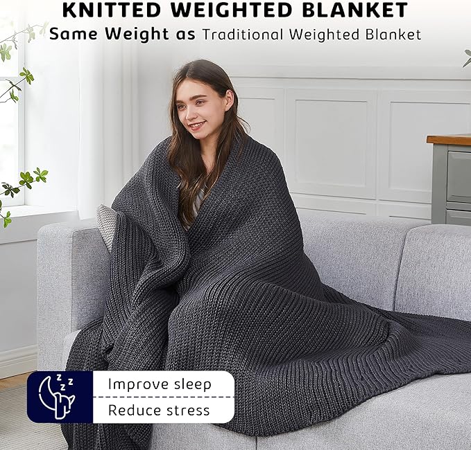 L'AGRATY Knitted Weighted Blanket - 48"x72" 15lbs Cooling Chunky Knit Heavy Blanket for Adults Braided Crochet Throw Thick Cable Yarn Knit Decorative No Beads Evenly Weighted Machine Washable