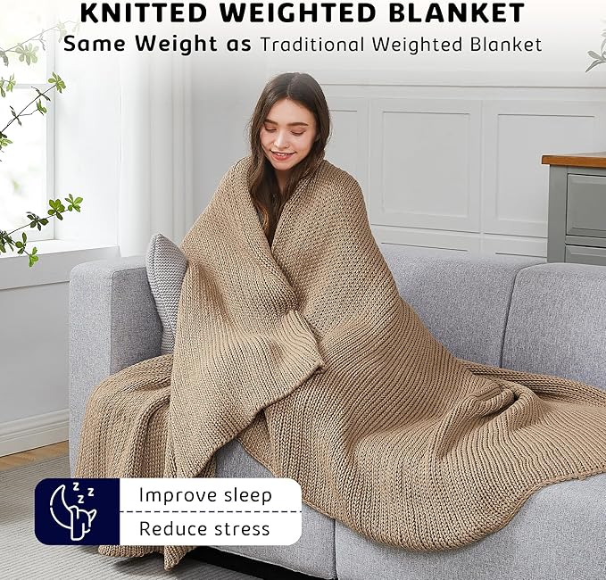 L'AGRATY Knitted Weighted Blanket - 48"x72" 20lbs Cooling Chunky Knit Heavy Blanket for Adults Braided Crochet Throw Thick Cable Yarn Knit Decorative No Beads Evenly Weighted Machine Washable