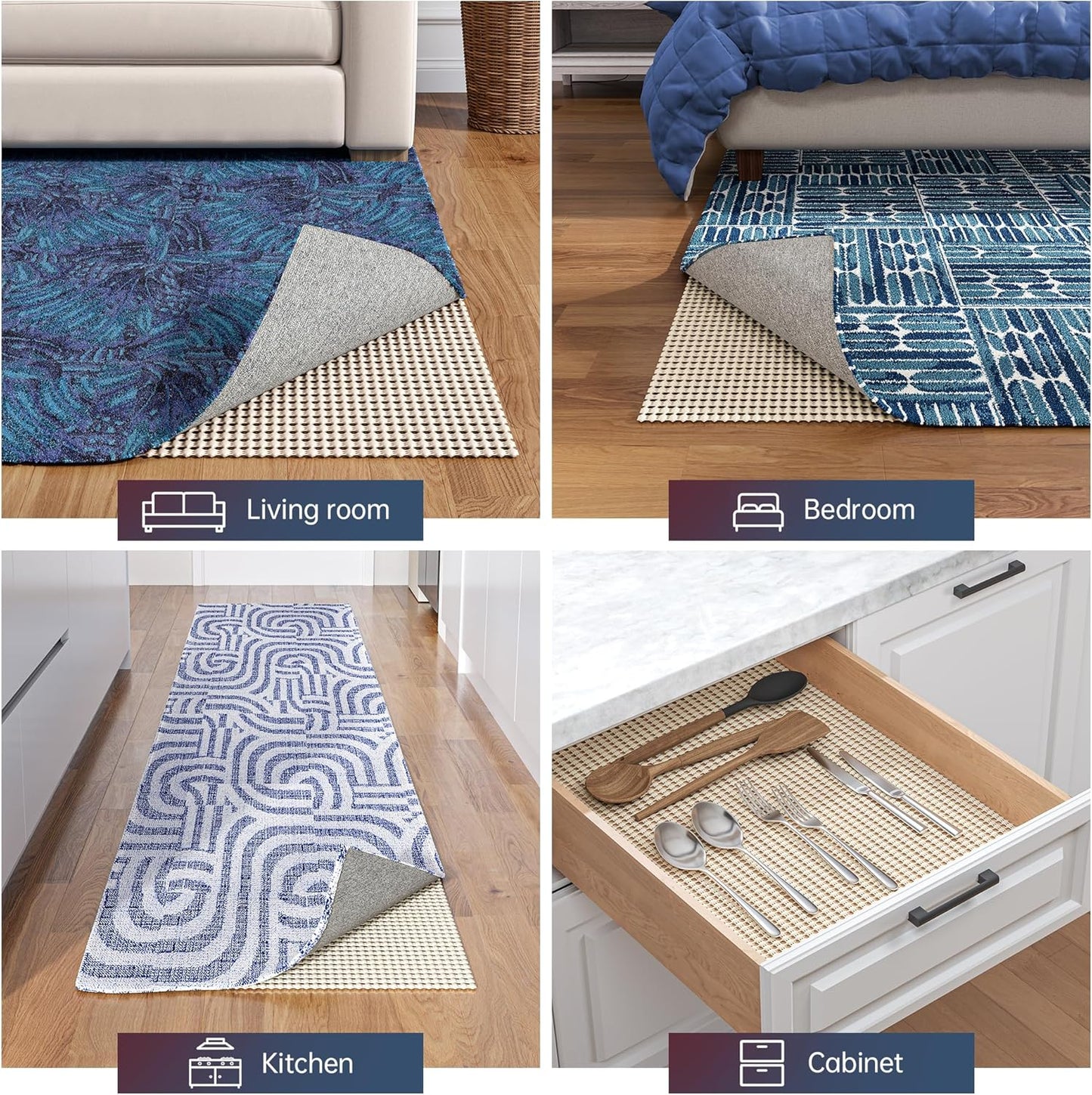 Non-Slip Rug Pad Gripper 3x5 Feet, Anti Skid Mat for Under Area Rugs, Keeps Rugs in Position and Safe, Thick Cushioned Carpet Pad for Hardwood Floors Protection