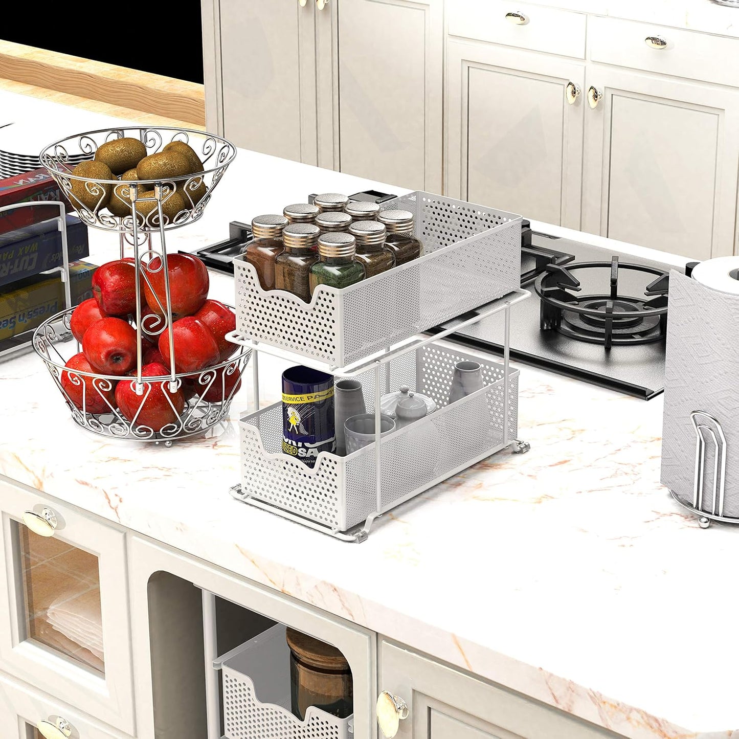 SIMPLE HOUSEWARE 2 Tier Sliding Cabinet Basket Organizer Drawer, White