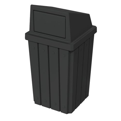 32 Gallon Square Slatted 100% Recycled Plastic Heavy-Duty Commercial Outdoor or Indoor Trash Can with Push Top Lid | Great for Schools and Businesses - Black
