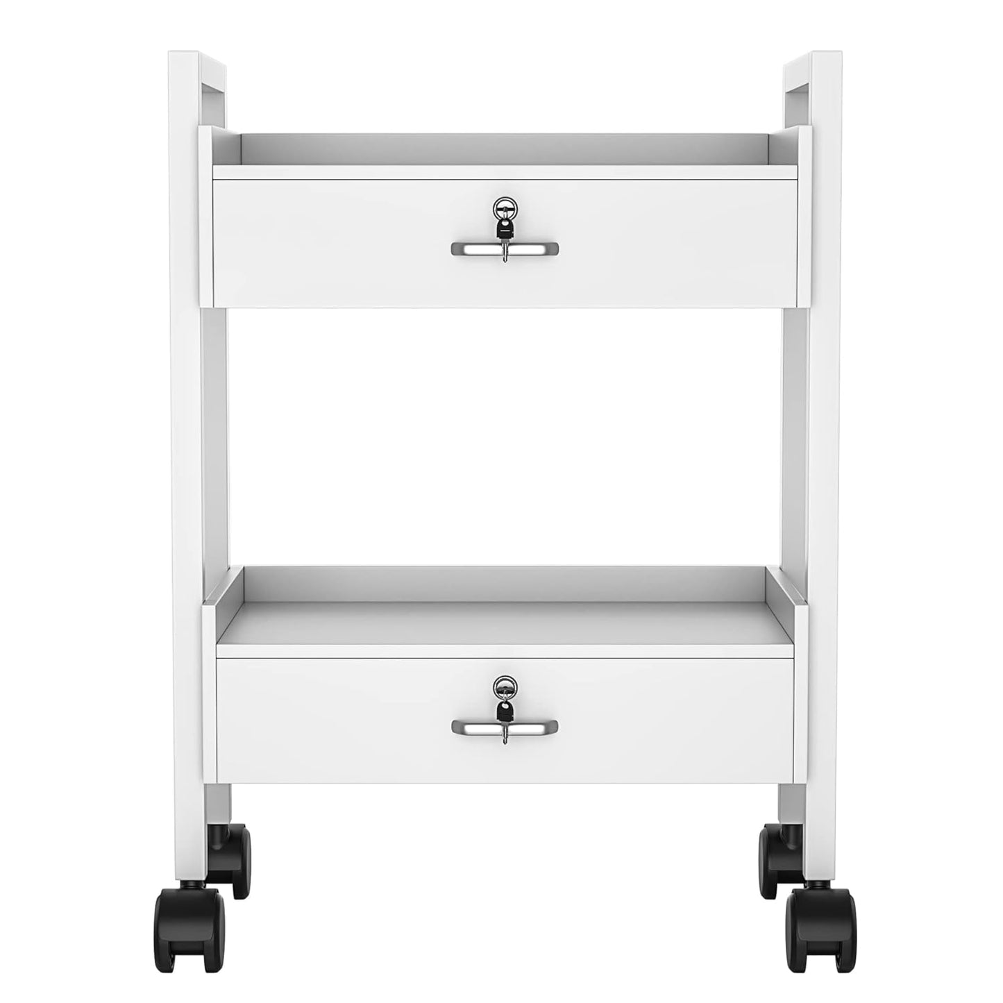 Paddie Salon Trolley Cart, Salon Tray Wooden Mobile Utility Cabinet with 2 Lockable Drawers, Rolling Storage Station Medical Esthetic Supply Holder for Beauty Spa (2 Drawers, White)