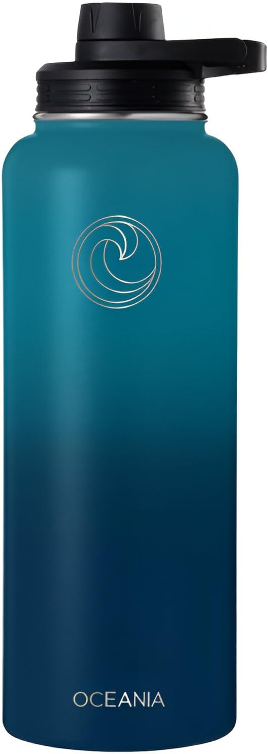 Oceania Flask 40oz Stainless Steel Sports Water Bottle | Leakproof, Hydro BPA-Free, Insulated with 3 Modern Lids, 3 Straws & 2 Straw Cleaning Brushes | Simple Camping & Hiking Bottle