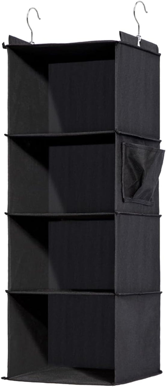 4-Shelf Hanging Closet Organizer and Storage, Collapsible Hanging Shelves for Closet with 2 Side Pockets, Hanging Shoe Organizer to Saving Space,Black