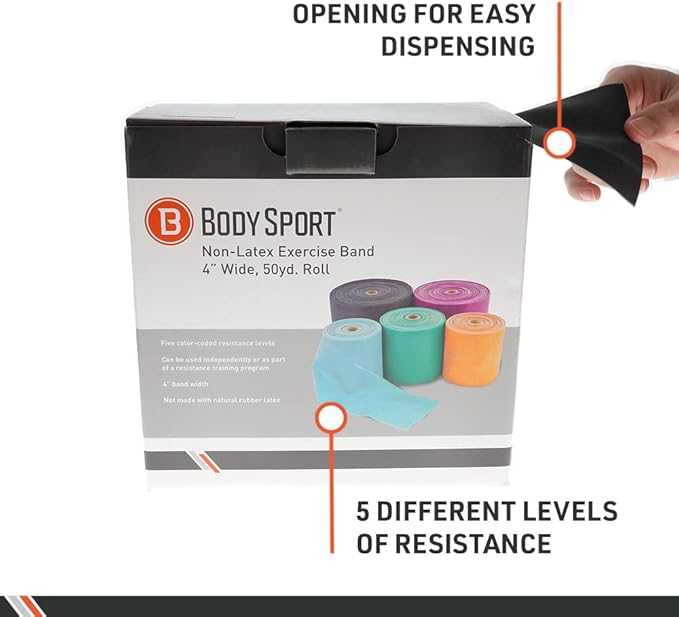 Body Sport Exercise Band, 50 yd. x 4 in. Roll, Light Resistance - Home & Gym Fitness Equipment for Stretching, Strength Training & Physical Therapy (Light Resistance Blue)