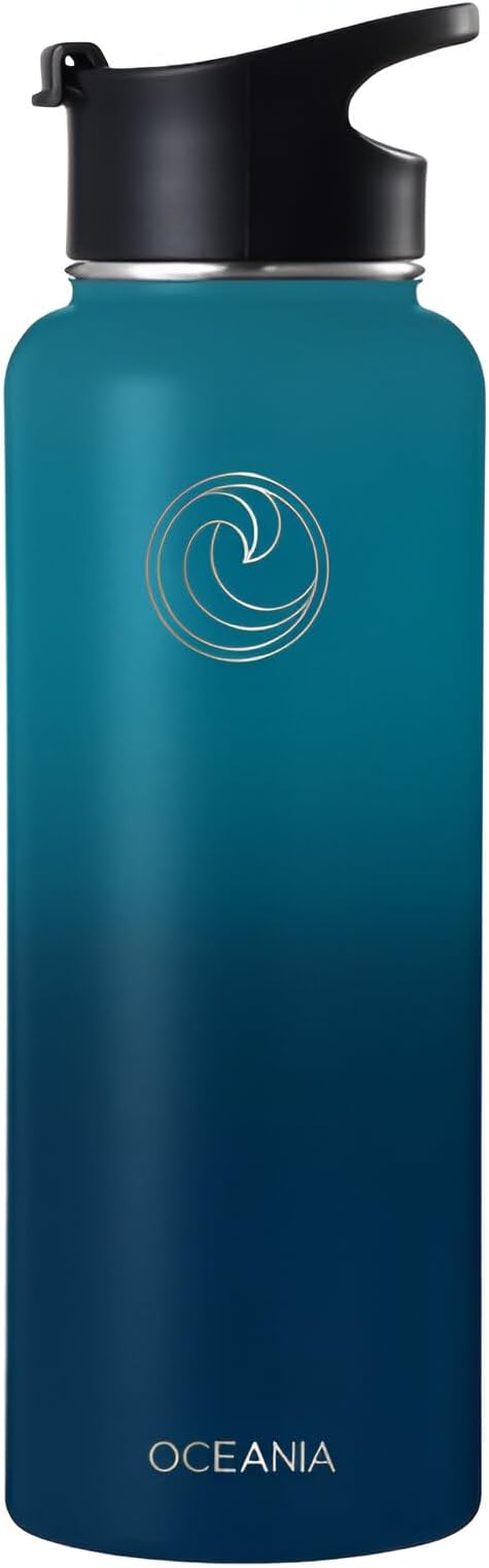 Oceania Flask 40oz Stainless Steel Sports Water Bottle | Leakproof, Hydro BPA-Free, Insulated with 3 Modern Lids, 3 Straws & 2 Straw Cleaning Brushes | Simple Camping & Hiking Bottle