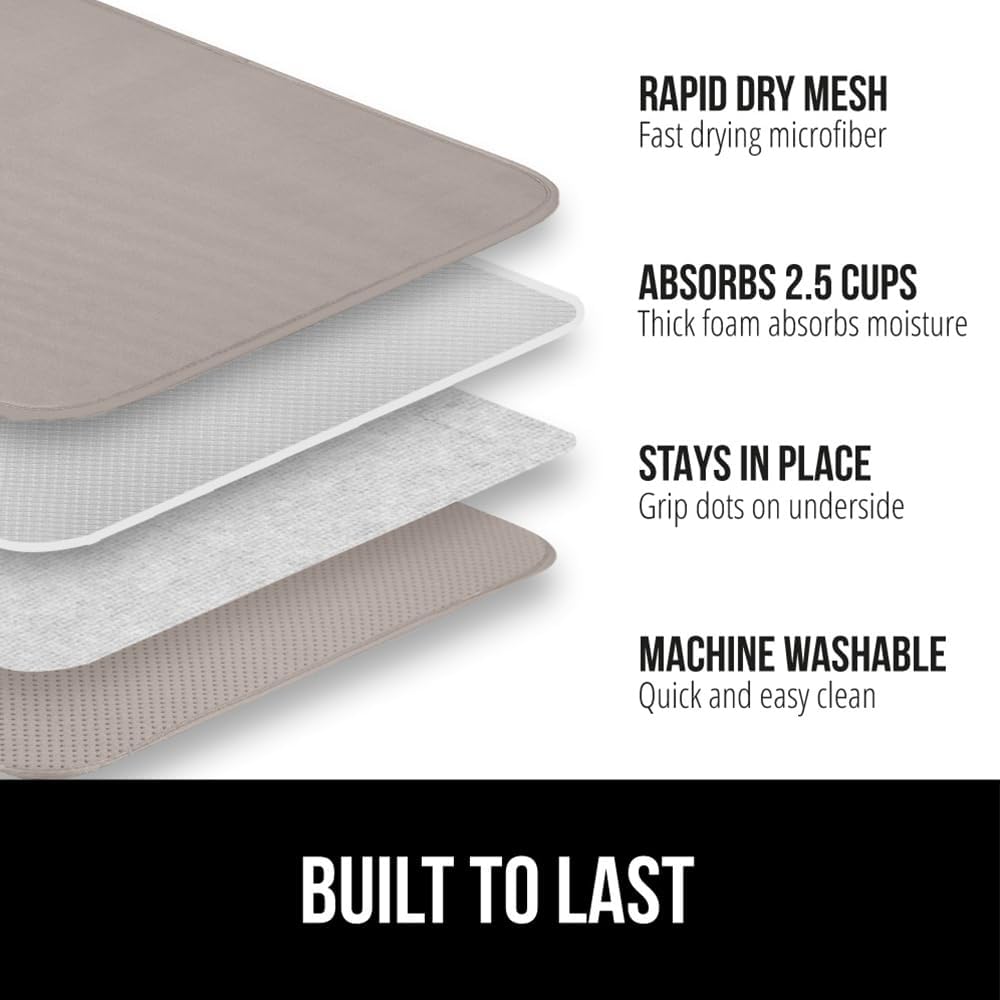 GORILLA GRIP Ultra Water Absorbent Microfiber Dish Drying Mat, 18x24, Quick Dry Thick Mesh, Slip Resistant Pad for Sink Dishes or Under Rack, Kitchen Counter Accessories, Machine Wash Mats, Almond