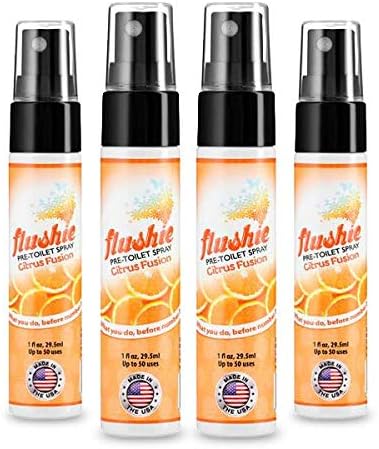 Flushie Pre-Toilet Spray for Poop Travel Size Toiletries Bathroom Spray for Poop Spray for Toilet Deodorizer Traveling Essentials Poop deodorizer Poop Odor eliminator… (Citrus, 1oz 4pack)