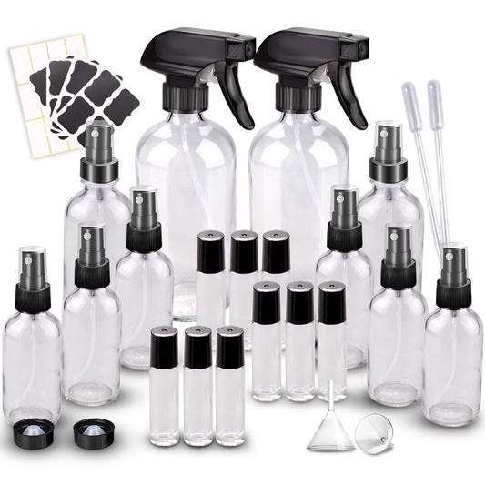 Glass Spray Bottle Kit×10 (2×16 oz, 2×4 oz, 6×2 oz), 9×10 ml Roller Bottles, Anti UV, Multi Size and Versatile, Suitable for Aromatherapy, Facial Moisturizing, Watering, etc.(Clear)