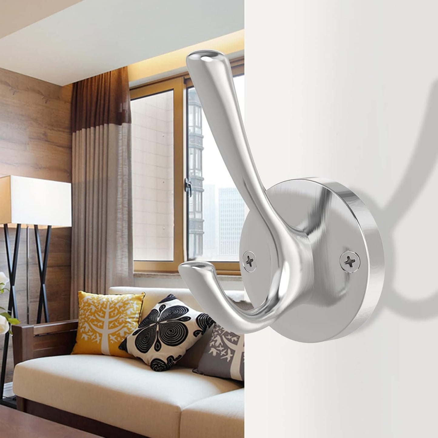 Brushed Nickel Wall Hooks, 6 Pack Coat Robe Hook Heavy Duty Metal Double Bath Hook Wall Mounted, Hand Towel Hooks for Cubicle Bathroom Kitchen Closet Garage