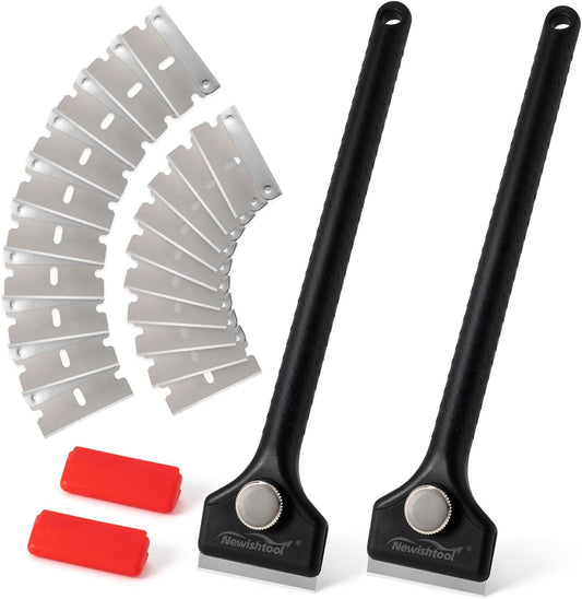 NEWISHTOOL Long Handle Scraper Tool Kit includes 2 Pcs Razor Blade Scraper and 20 PCS 1.5 inch Metal Razor Blades, Long Reach Sturdy Scraper Tool for Glue Residue Label Sticker Removal Oven Cleaning