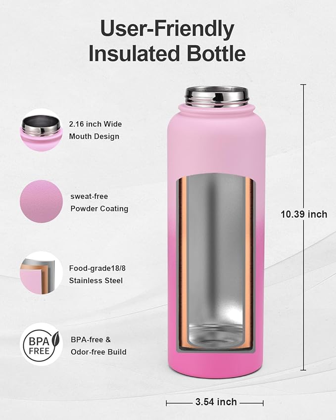 40oz Insulated Water Bottle,Stainless Steel Vacuum Water Bottle, BPA-Free & Leakproof -with Paracord Handle,Strap,Straw Spout Lids,Large Water Jug for Gym Sports